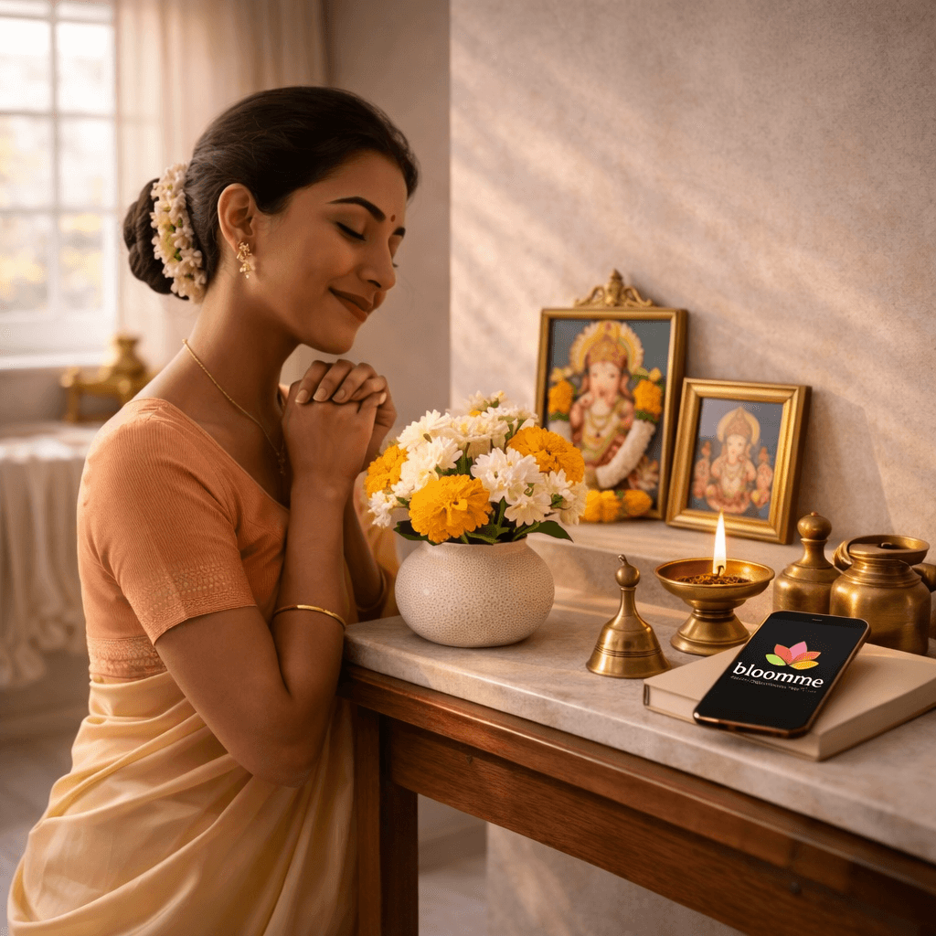 Serene home prayer setup with fresh flowers — Bloomme flexible subscription